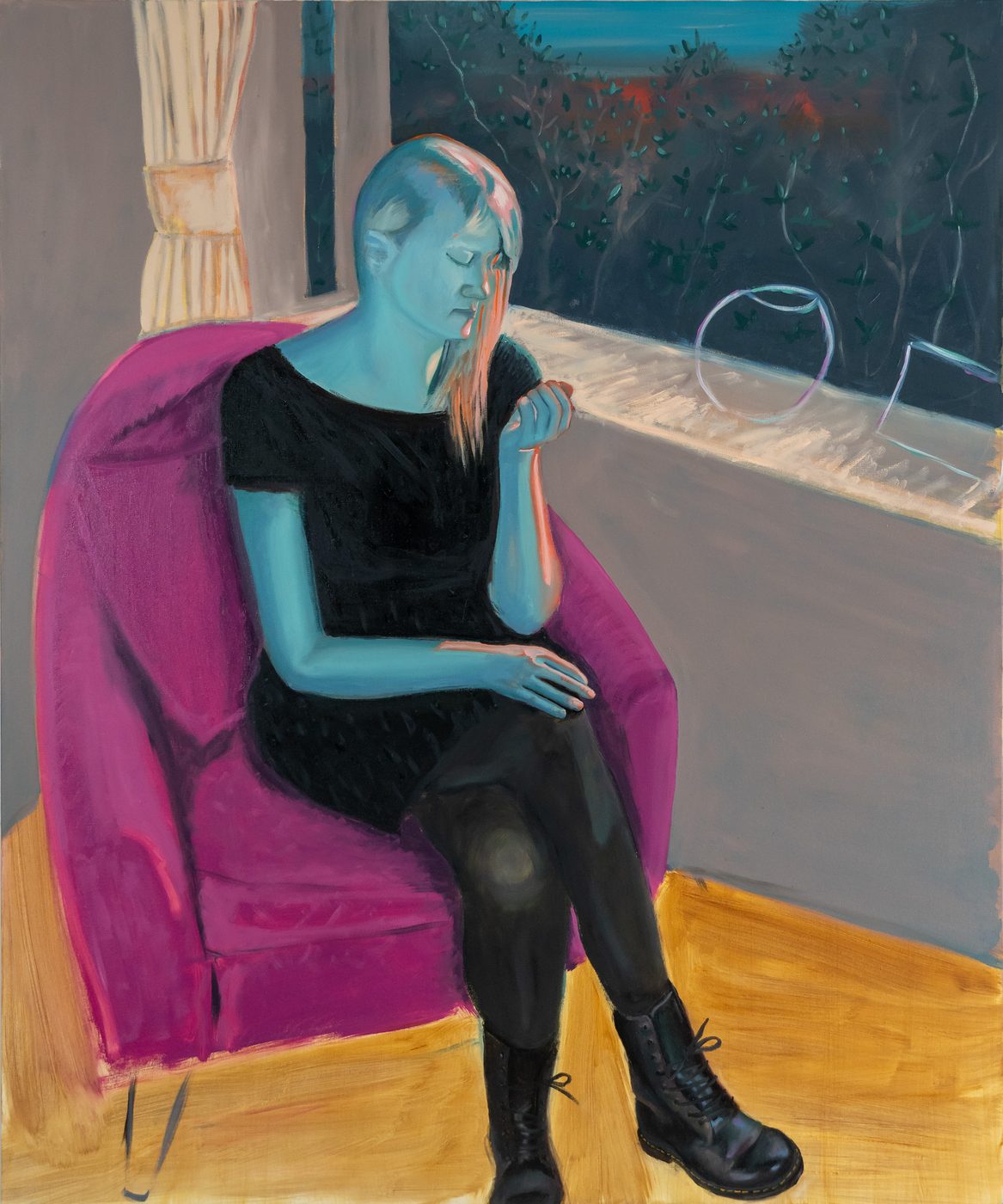 Oil painting by Darragh Dempsey — seated figure in a magenta armchair
